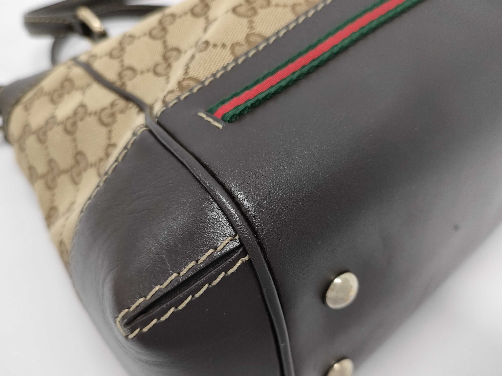 GUCCI Brown Leather Trim Monogram Bow Handbag with Strap Tote Bag