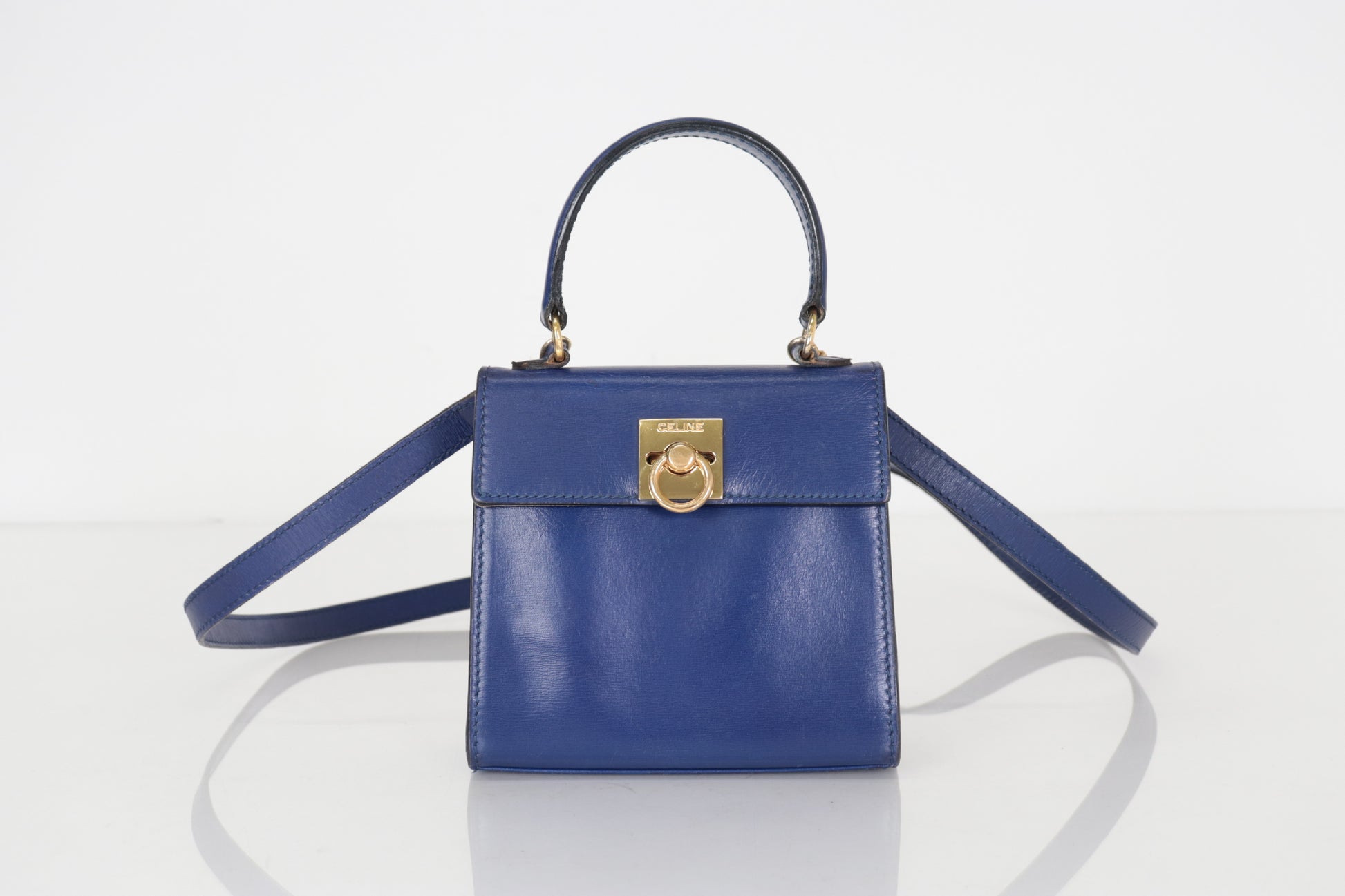 CELINE Leather Gancini Hardware 2-Way Mini Handbag Blue Shoulder Bag