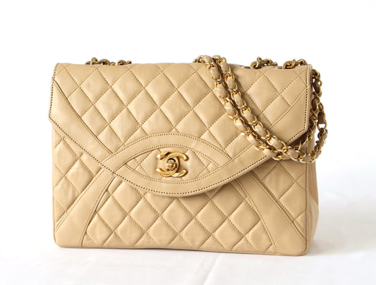 CHANEL Matelasse Lambskin Double Chain Shoulder Bag Beige