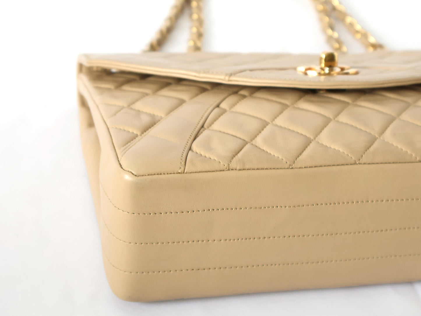 CHANEL Matelasse Lambskin Double Chain Shoulder Bag Beige