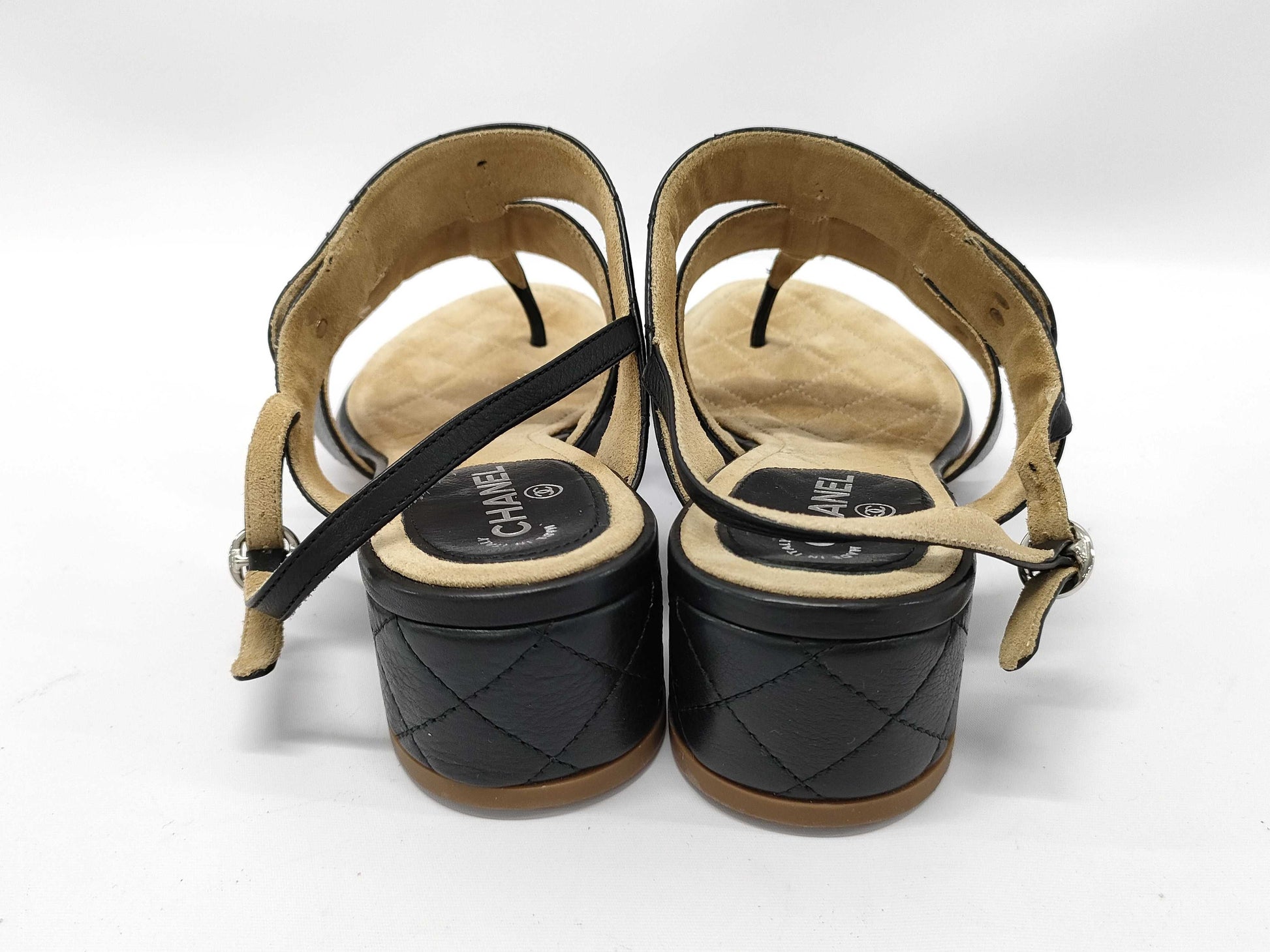CHANEL Coco Mark Turnlock Matelasse Sandals, Size 37 1/2