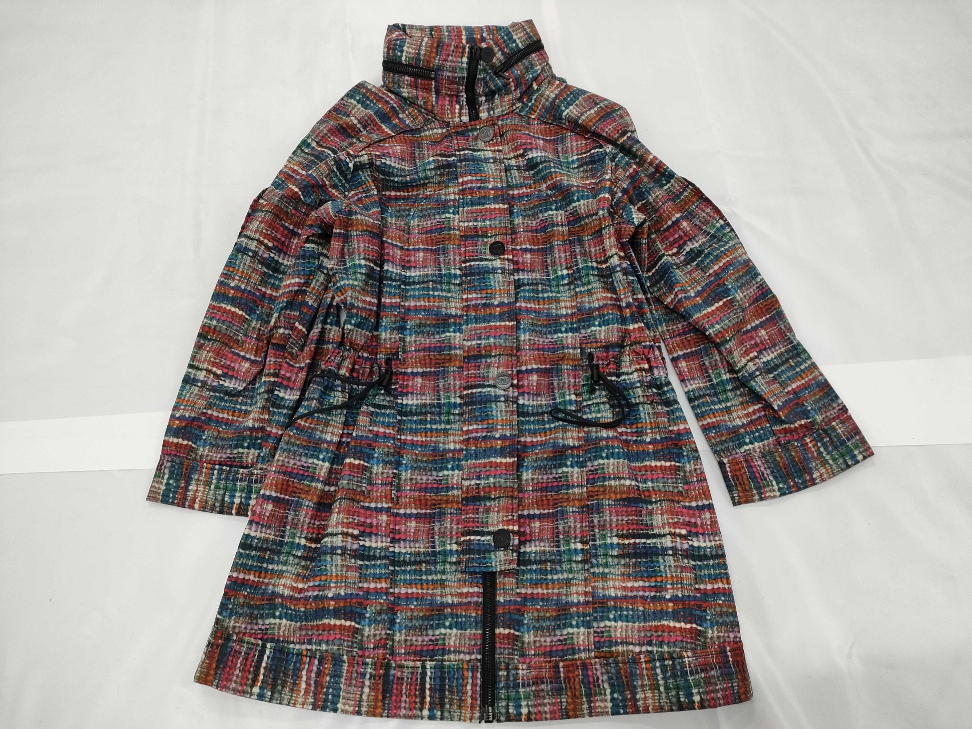 CHANEL Coco Button Tweed Print Raincoat, Size 34