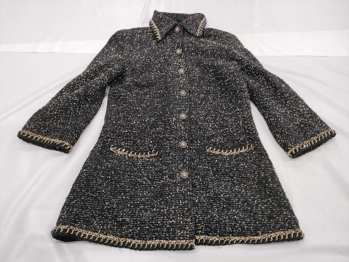 CHANEL Coco Mark Trim Tweed Coat Size 42