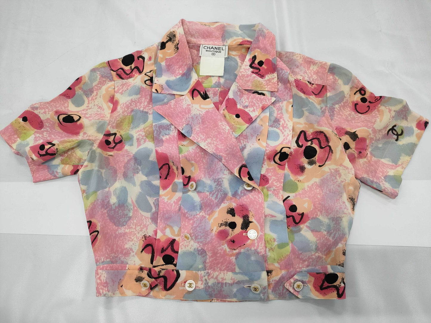 CHANEL Coco Mark Camellia Silk Open Collar Short Sleeve Shirt