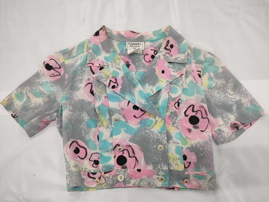 CHANEL P07356 Size 36 Light Blue Cropped Short Sleeve All-Over Print Shirt