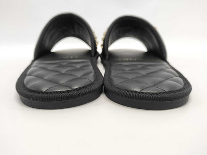 CHANEL Coco Mark Pearl Chain Leather Flat Sandals XS Slippers