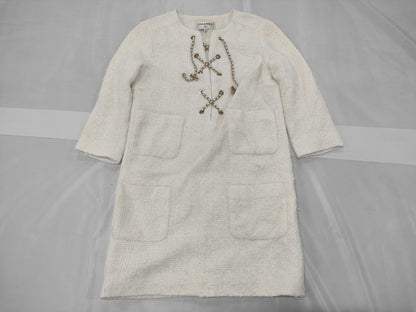 CHANEL Coco Mark Tweed Lace-Up Chain Dress, Size 38