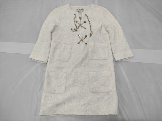 CHANEL Coco Mark Tweed Lace-Up Chain Dress, Size 38