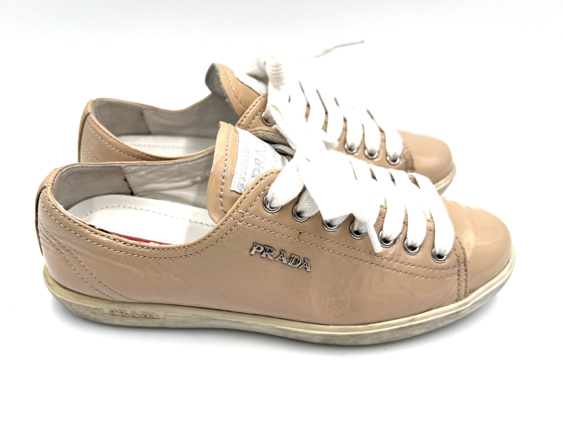 PRADA 3E 5534 Patent Leather Beige Sneakers Size 35 1/2