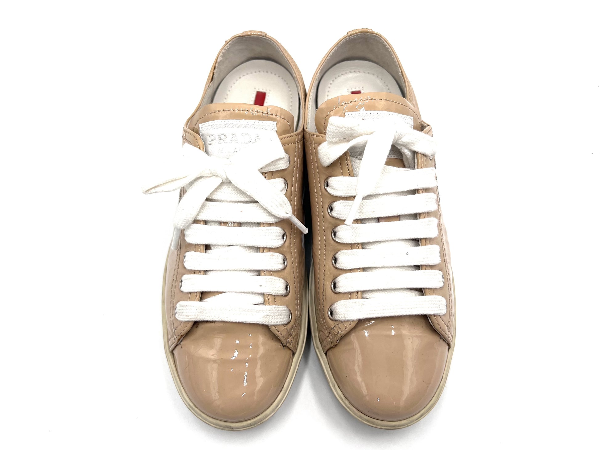 PRADA 3E 5534 Patent Leather Beige Sneakers Size 35 1/2