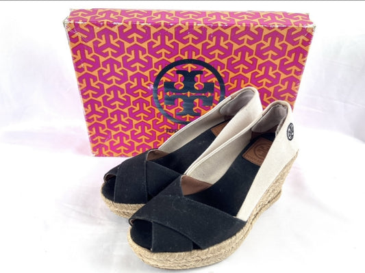 Tory Burch Espadrille Wedge Sandals, Black and Natural, Size 6