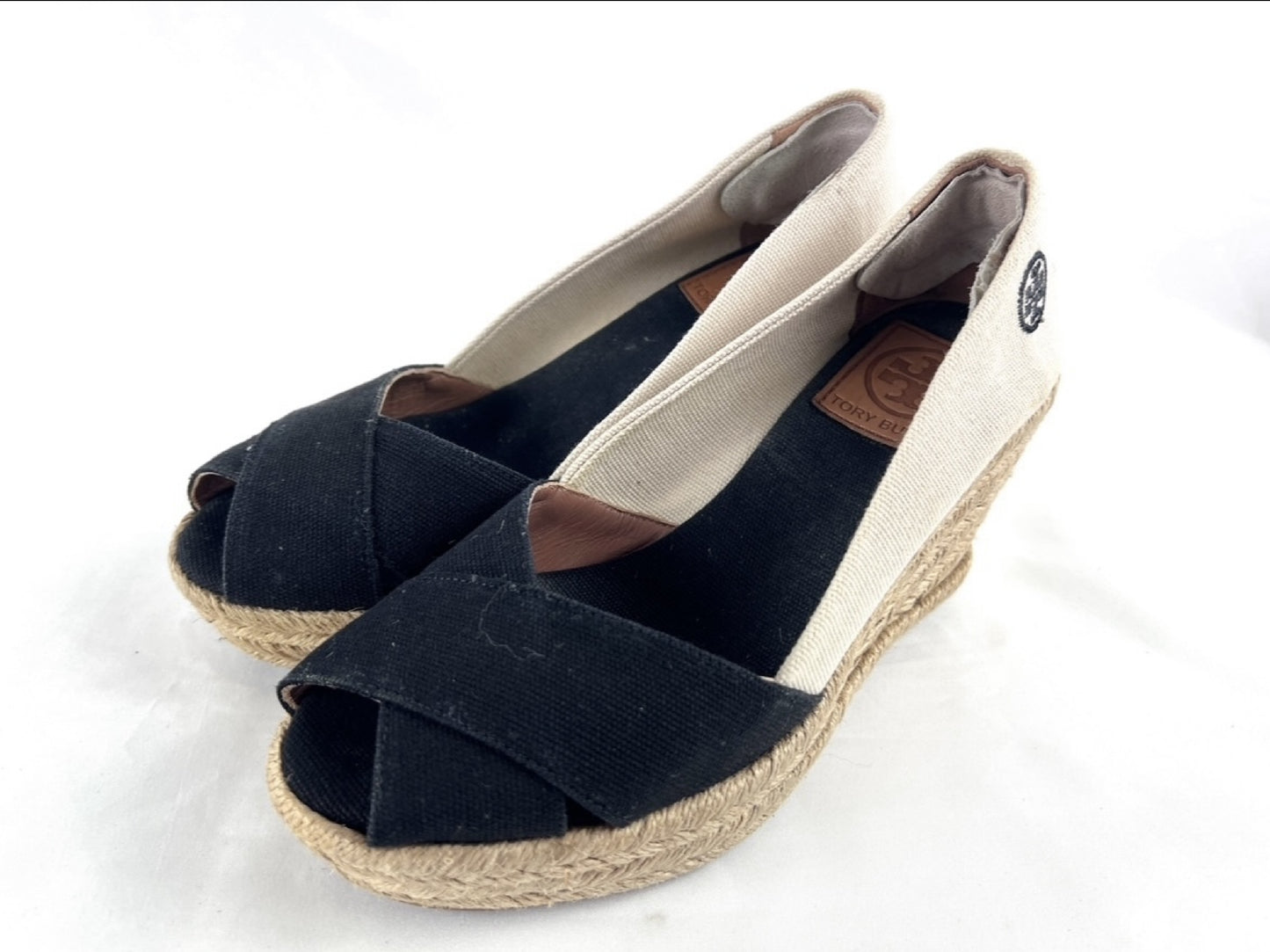 Tory Burch Espadrille Wedge Sandals, Black and Natural, Size 6
