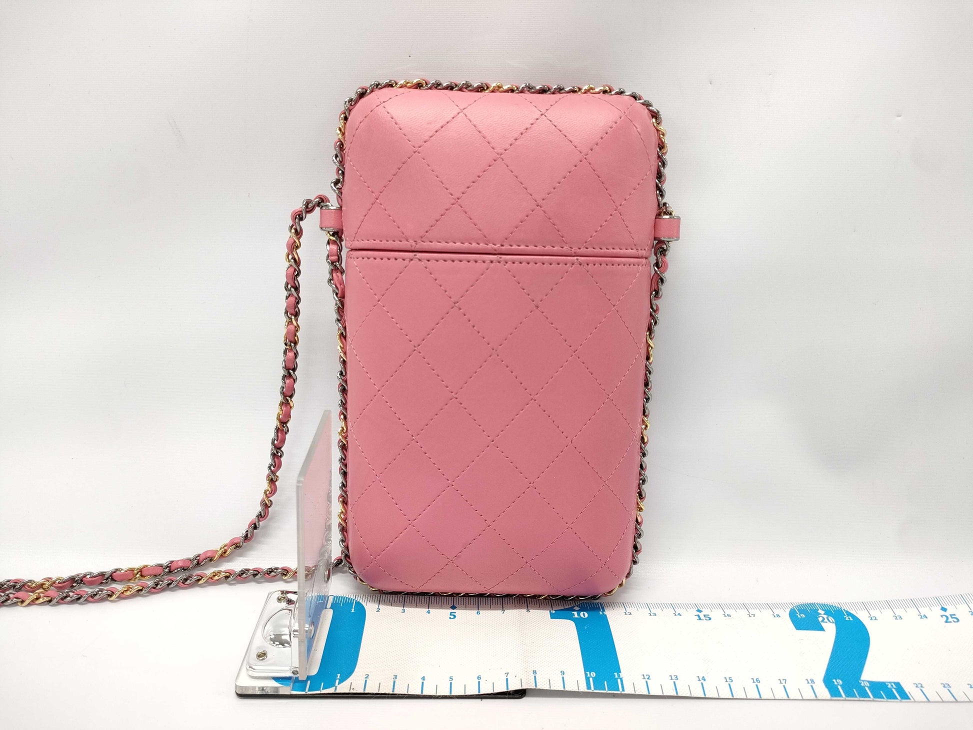 CHANEL Phone Case with Coco Mark Chain Shoulder Bag in Pink with Gold and Silver Hardware, Lambskin, 22870539