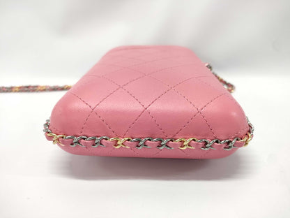 CHANEL Phone Case with Coco Mark Chain Shoulder Bag in Pink with Gold and Silver Hardware, Lambskin, 22870539