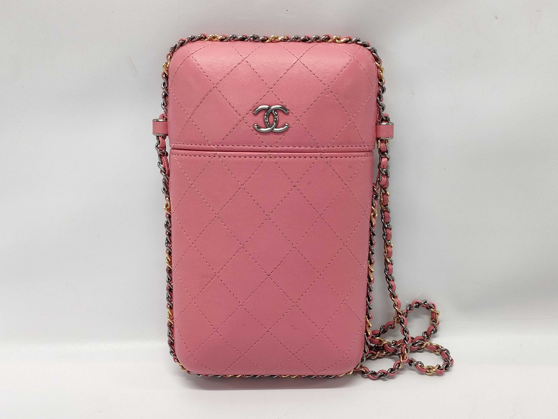 CHANEL Phone Case with Coco Mark Chain Shoulder Bag in Pink with Gold and Silver Hardware, Lambskin, 22870539