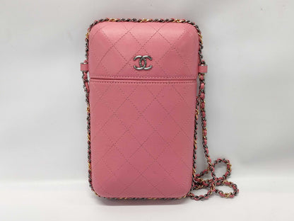 CHANEL Phone Case with Coco Mark Chain Shoulder Bag in Pink with Gold and Silver Hardware, Lambskin, 22870539
