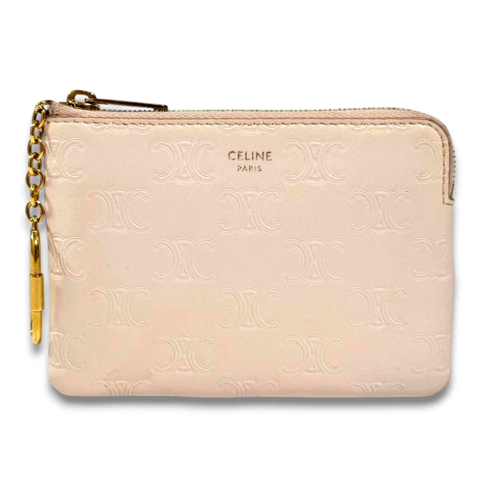 CELINE Smooth Calfskin Triomphe Embossed Coin and Card Pouch Smooth Calfskin Triomphe Embossed Coin and Card Holder with Key Hook W Coin Case