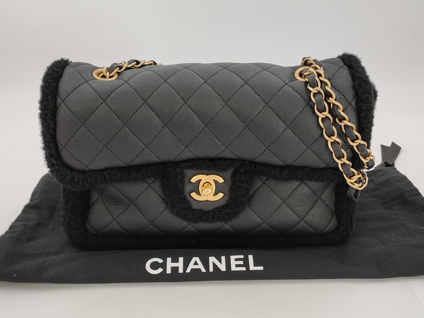 CHANEL Mouton x Leather Black Matelasse IC Shoulder Bag