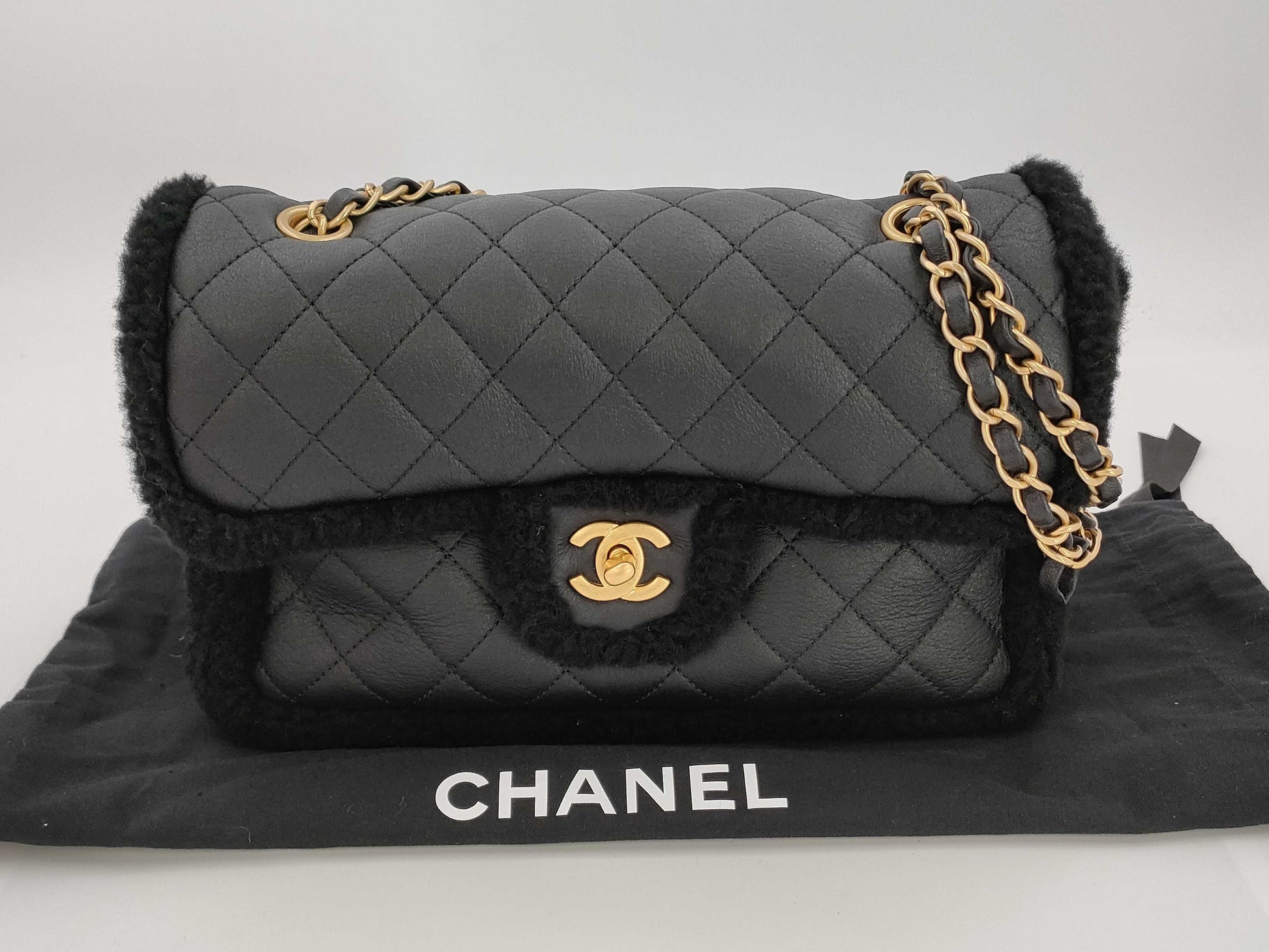 CHANEL Mouton x Leather Black Matelasse IC Shoulder Bag