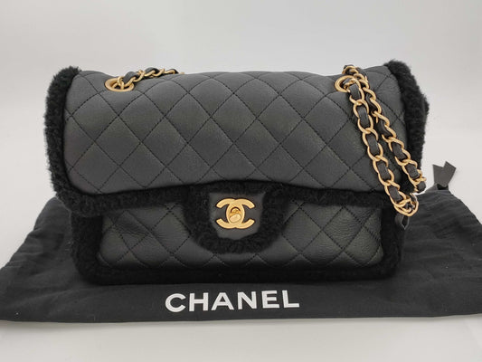 CHANEL Mouton x Leather Black Matelasse IC Shoulder Bag