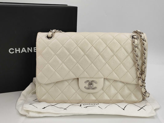 CHANEL Caviar Skin Cream Jumbo Shoulder Bag, Size 20