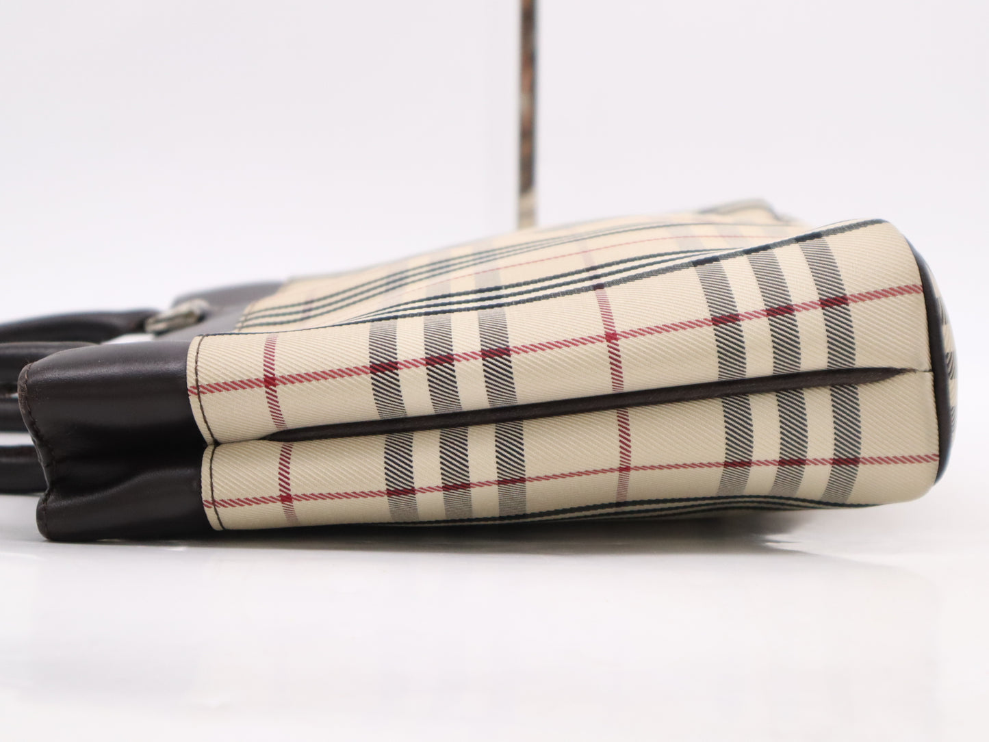 BURBERRY Nova Check x Leather Handbag, Dark Brown