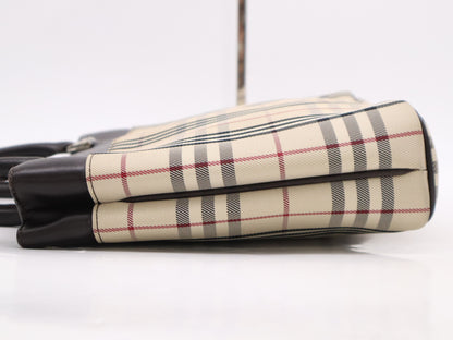 BURBERRY Nova Check x Leather Handbag, Dark Brown