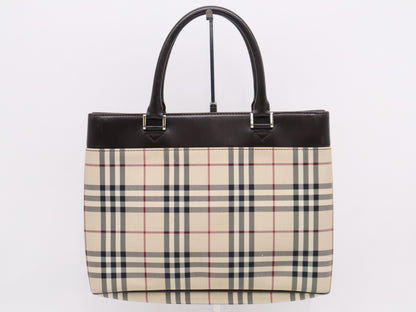 BURBERRY Nova Check x Leather Handbag, Dark Brown