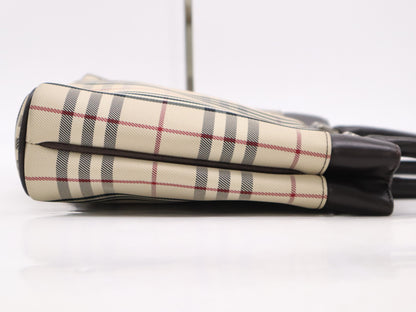 BURBERRY Nova Check x Leather Handbag, Dark Brown