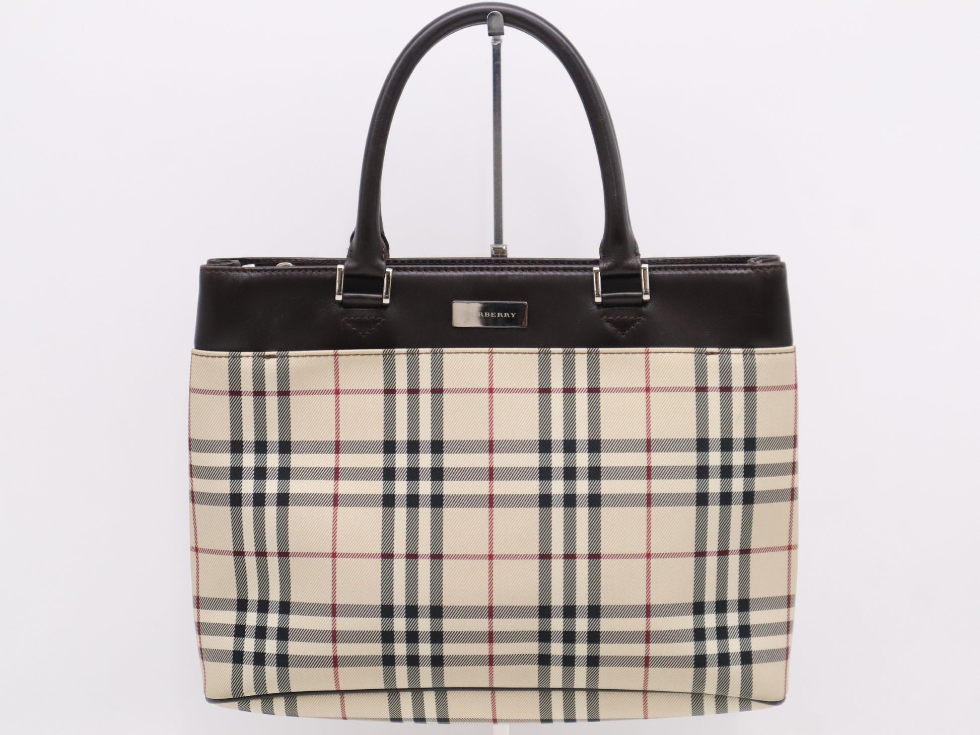 BURBERRY Nova Check x Leather Handbag, Dark Brown