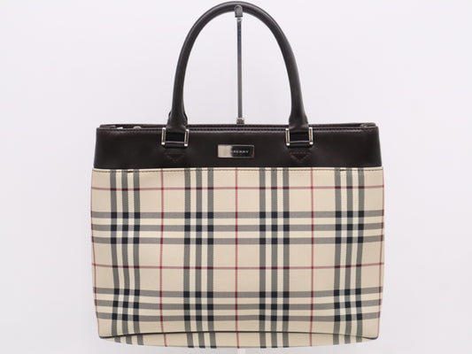 BURBERRY Nova Check x Leather Handbag, Dark Brown