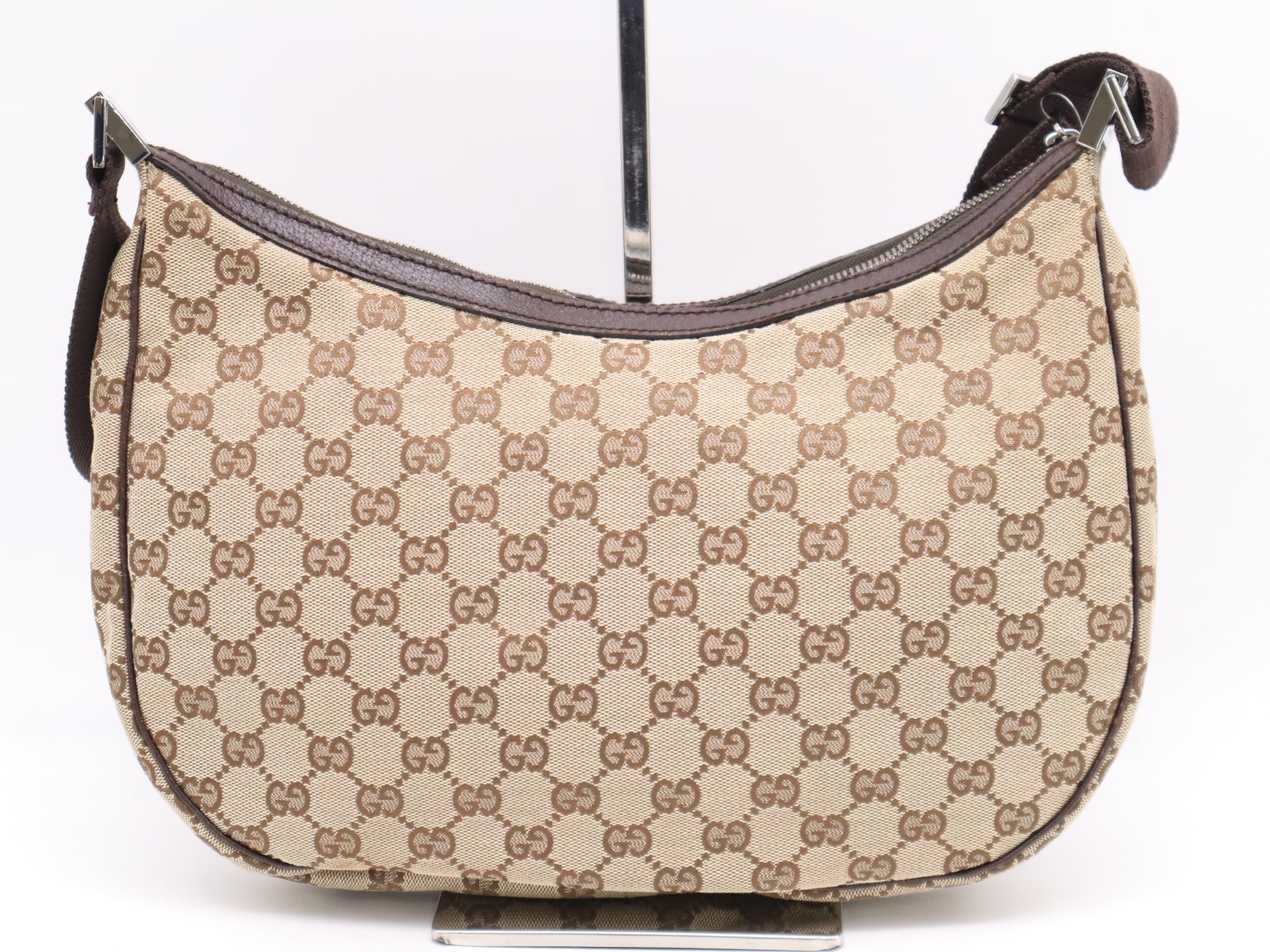 GUCCI 122790GG Canvas and Leather Shoulder Bag Beige Brown Shoulder Bag