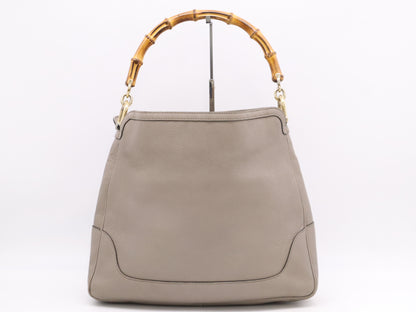 GUCCI 282315 Leather Bamboo 2-Way Tote Bag Shoulder Bag Khaki with Shoulder Strap and Dust Bag