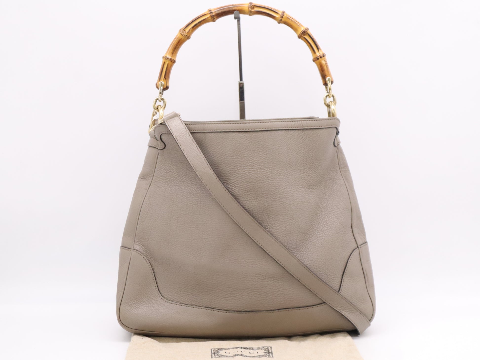GUCCI 282315 Leather Bamboo 2-Way Tote Bag Shoulder Bag Khaki with Shoulder Strap and Dust Bag