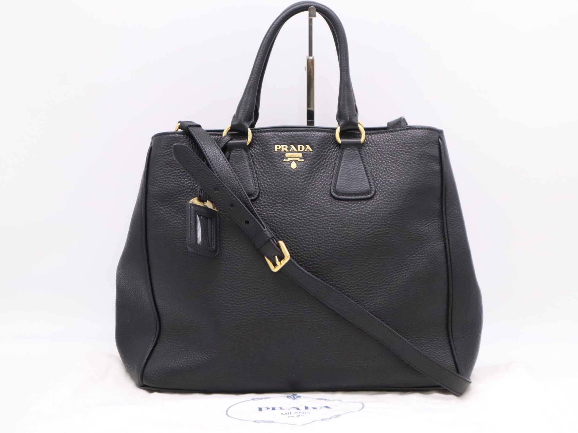 PRADA Leather Logo Tote Bag in Black with Shoulder Strap, Name Tag, and Dust Bag