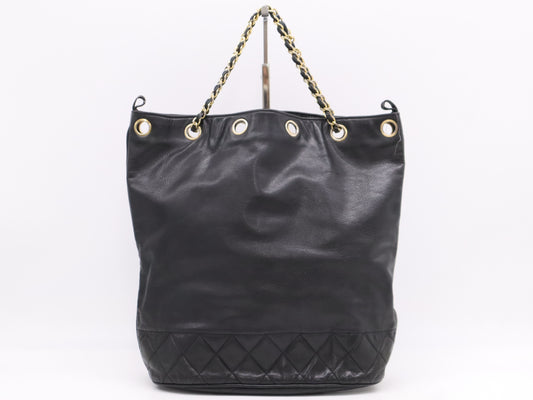 CHANEL Leather Drawstring Chain Shoulder Bag in Black with GD Hardware