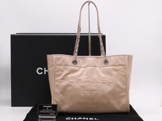 CHANEL Lambskin Deauville MM Chain Shoulder Bag Pink with Box, Sticker, Card, 22300598 Tote Bag