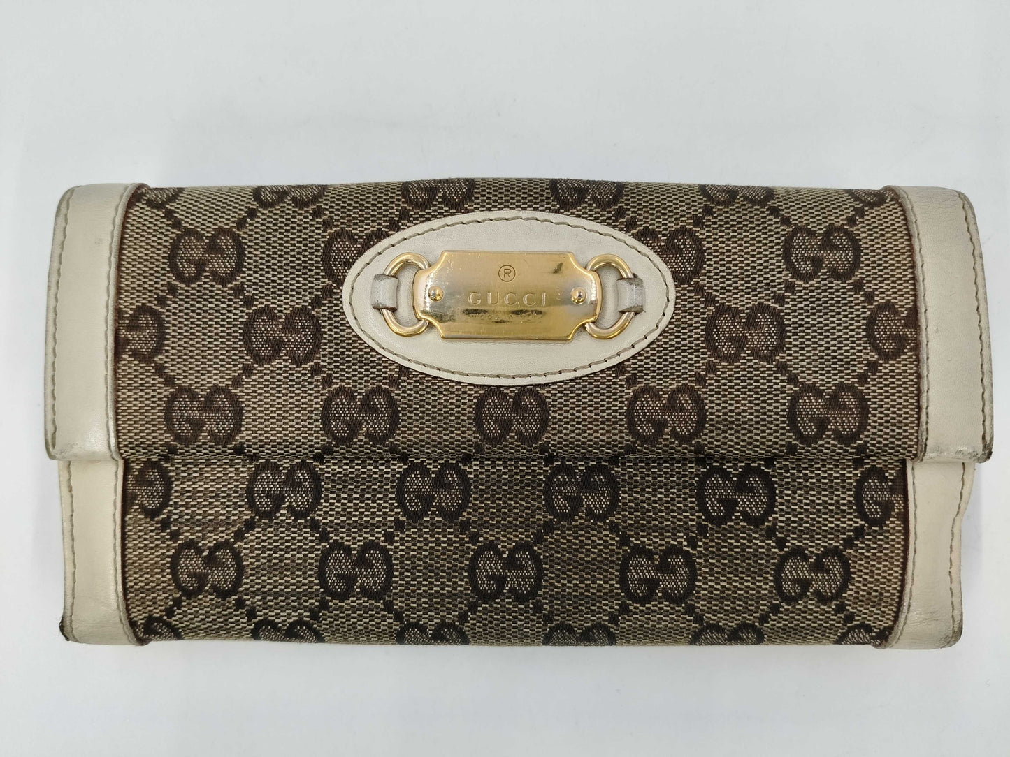 GUCCI 146199 GG Canvas Double Hook Long Wallet, Leather, Canvas, Beige, Ivory, Box Included