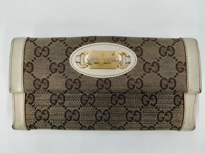 GUCCI 146199 GG Canvas Double Hook Long Wallet, Leather, Canvas, Beige, Ivory, Box Included