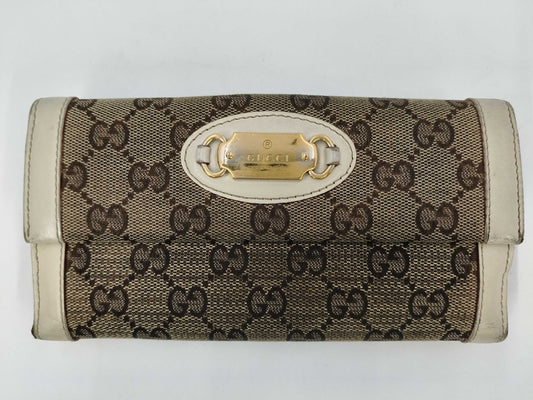 GUCCI 146199 GG Canvas Double Hook Long Wallet, Leather, Canvas, Beige, Ivory, Box Included