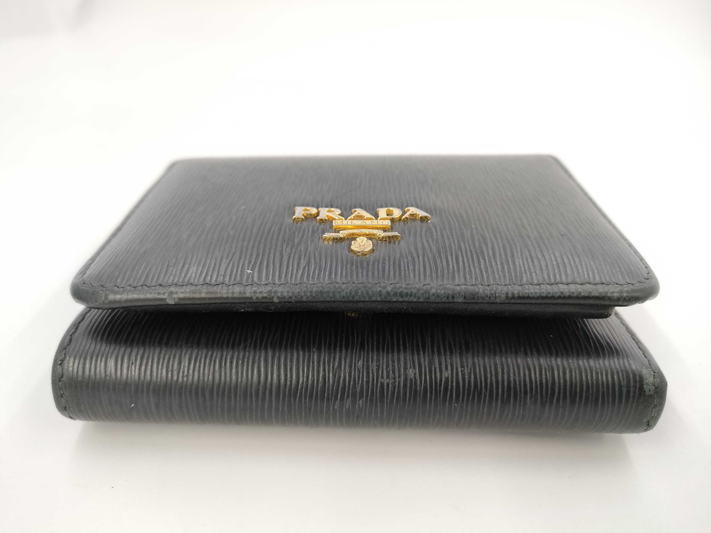 PRADA 1MH176 Leather Compact Wallet, Black, with Box