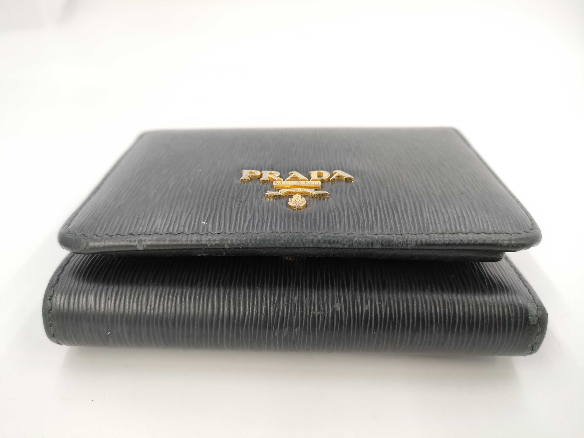 PRADA 1MH176 Leather Compact Wallet, Black, with Box