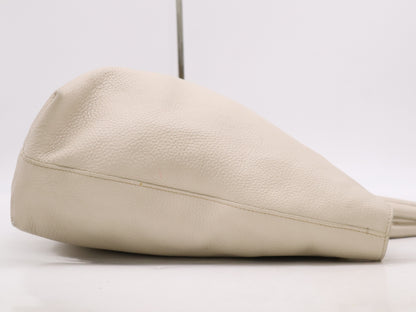 PRADA 2-way leather tote bag in white with GD hardware, shoulder strap, and name tag.