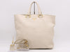 PRADA 2-way leather tote bag in white with GD hardware, shoulder strap, and name tag.