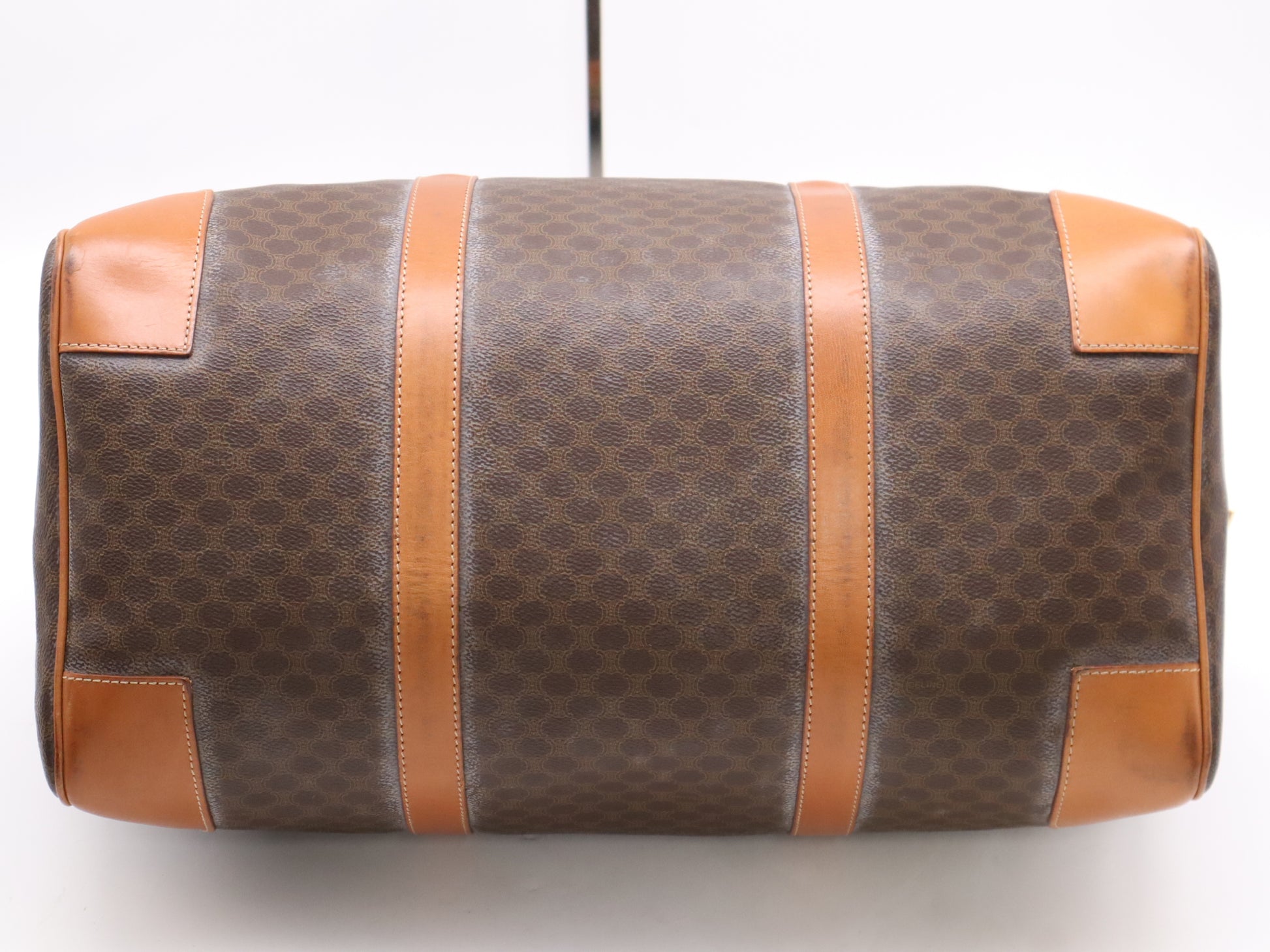 CELINE Macadam Boston Bag, Brown, GD Hardware, with Padlock, Key, Name Tag, and Cloche.