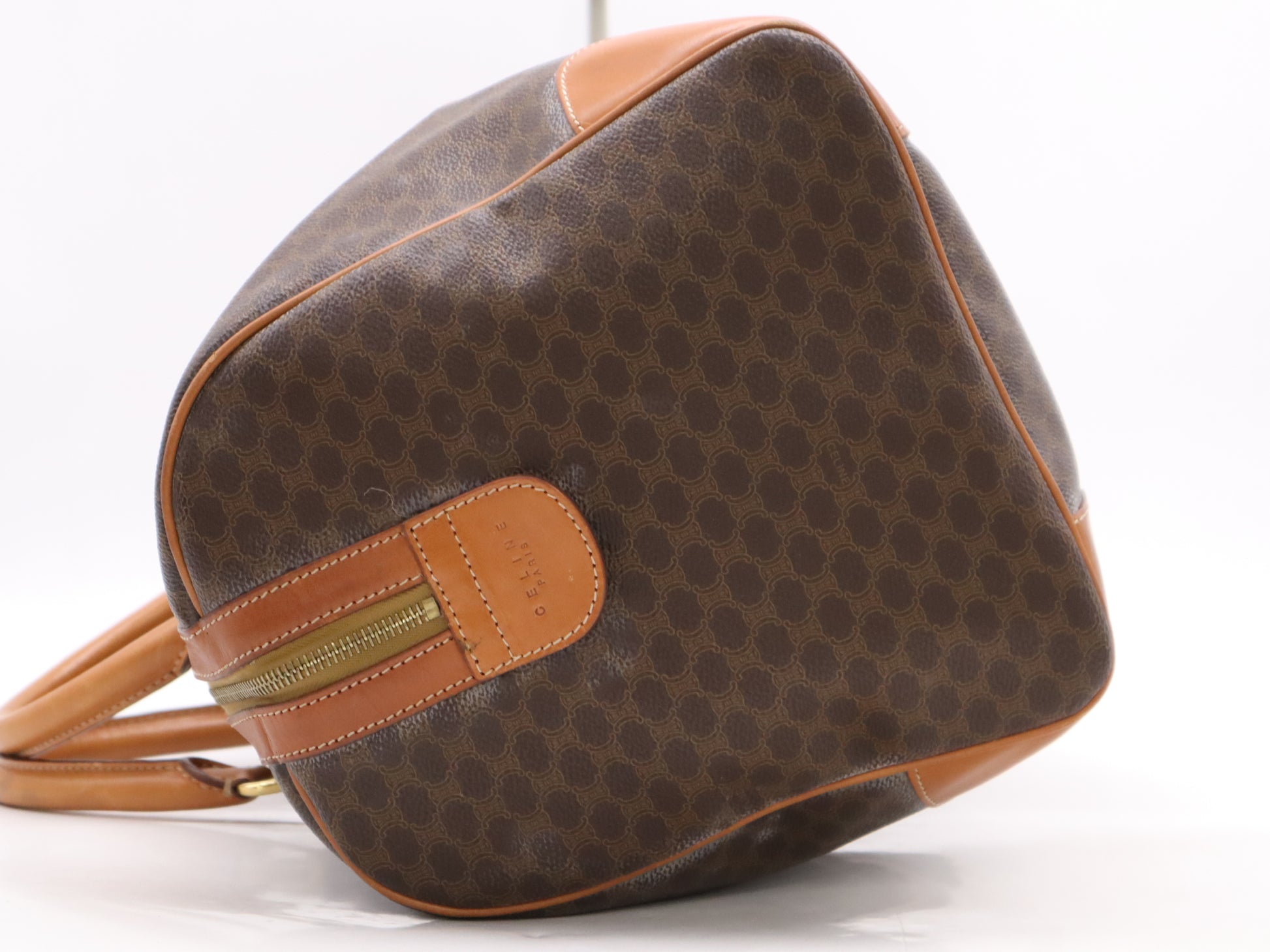 CELINE Macadam Boston Bag, Brown, GD Hardware, with Padlock, Key, Name Tag, and Cloche.