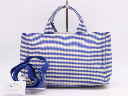 PRADA Leather Gingham Check Canapa Medium Blue Tote Bag with GD Hardware, Shoulder Strap and Card Included