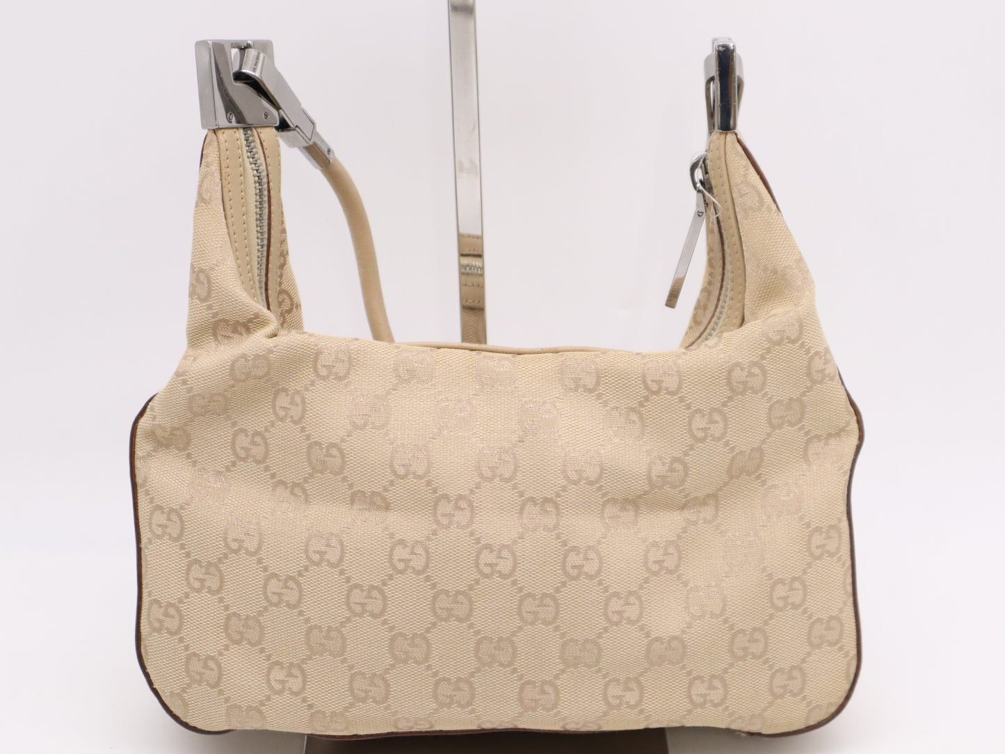 GUCCI Leather GG Canvas Shoulder Bag Beige with Silver Hardware