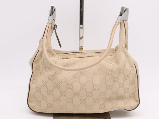 GUCCI Leather GG Canvas Shoulder Bag Beige with Silver Hardware