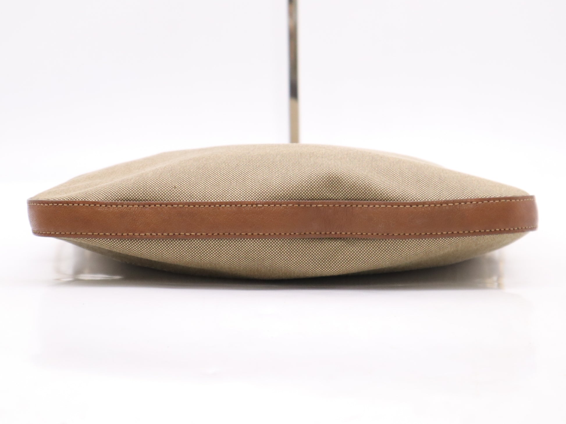 PRADA Leather Jacquard Logo Shoulder Bag in Beige and Brown with GD Hardware, Shoulder Strap, and Name Tag